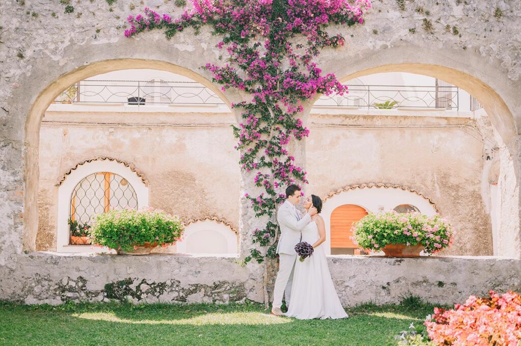 romantic wedding at belmond Hotel Caruso groom ready couple shots